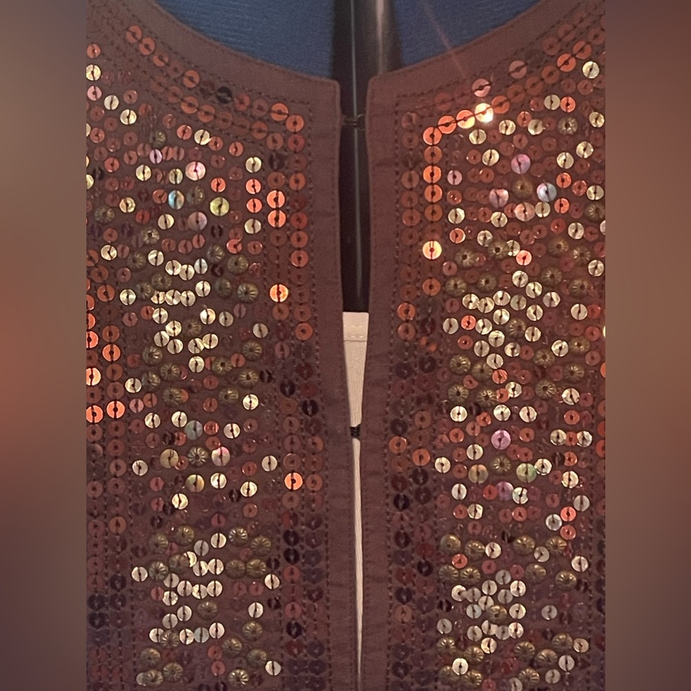 Cotton Dark Brown Poncho w/ Copper and Gold Sequin Neck and Sleeve Cuffs: Sz 1 - Picture 8 of 11